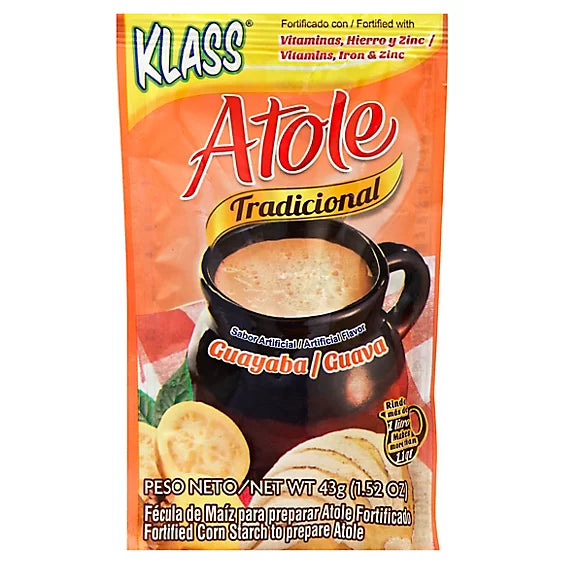 Sobre de 43g de Klass Atole sabor guayaba, bebida caliente tradicional mexicana, disponible para envío en Vancouver y Canadá.