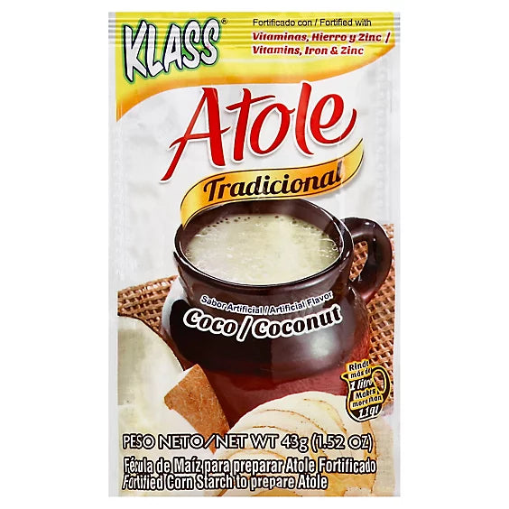 Sobre de 43g de Klass Atole sabor coco, bebida caliente tradicional mexicana, disponible para envÃo en Vancouver y Canadá.
