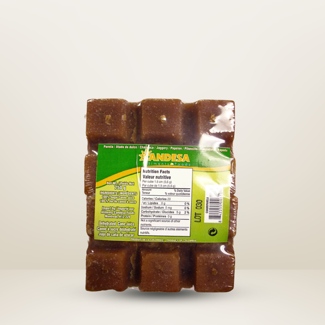 Paquete de 750g de Panela Candesa Food, azúcar de caña natural sin aditivos, ideal para endulzar bebidas y postres, disponible para envío en Vancouver y Canadá.