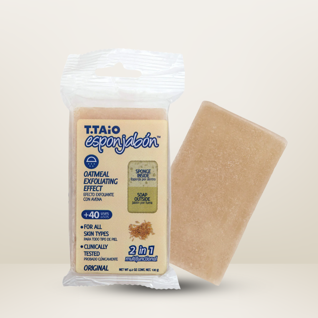 Esponjabon T.TAiO Oatmeal 2in1 de 120g, con avena, ideal para limpiar y suavizar la piel, disponible para envío en Vancouver y Canadá.