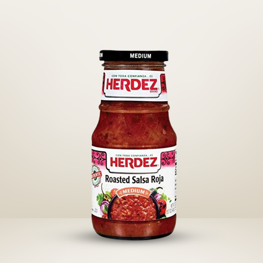 Frasco de 445g de Herdez Roasted Salsa Roja, salsa auténtica con toque ahumado, ideal para tacos y dip, disponible para envío en Vancouver y Canadá.