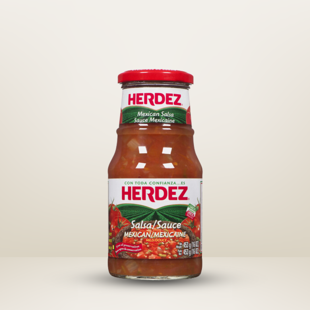 Frasco de 453g de Herdez Sauce Red Mexican, salsa roja auténtica para tacos y carnes, disponible para envío en Vancouver y Canadá.