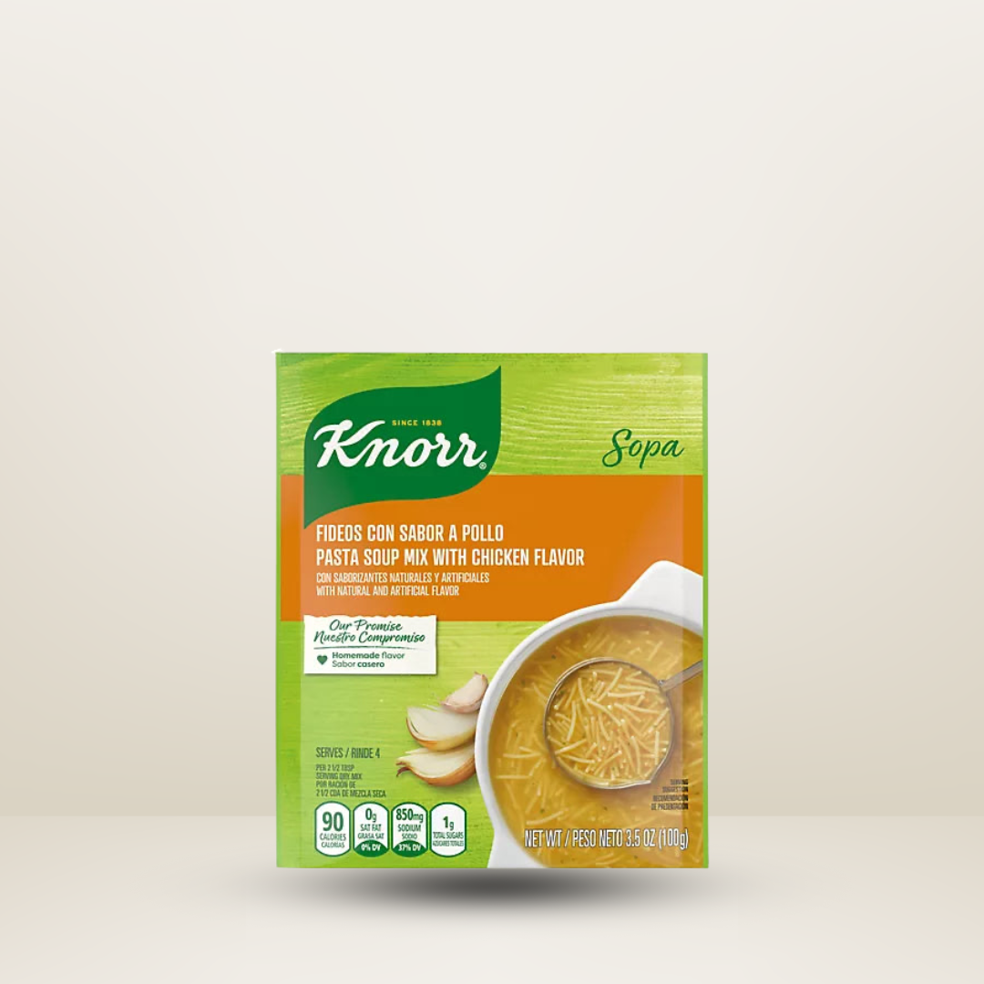 Paquete de 100g de Knorr Pasta Soup Mix con sabor a pollo, sopa rápida con pasta y caldo sabroso, disponible para envío en Vancouver y Canadá.