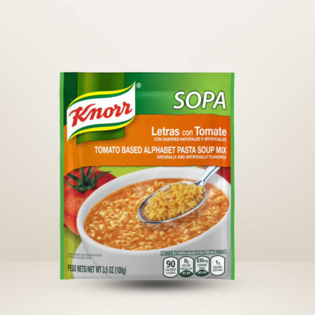 Paquete de 100g de Knorr Tomato Based Alphabet Pasta Soup Mix, sopa rápida con pasta en forma de letras y sabor a tomate, disponible para envío en Vancouver y Canadá.