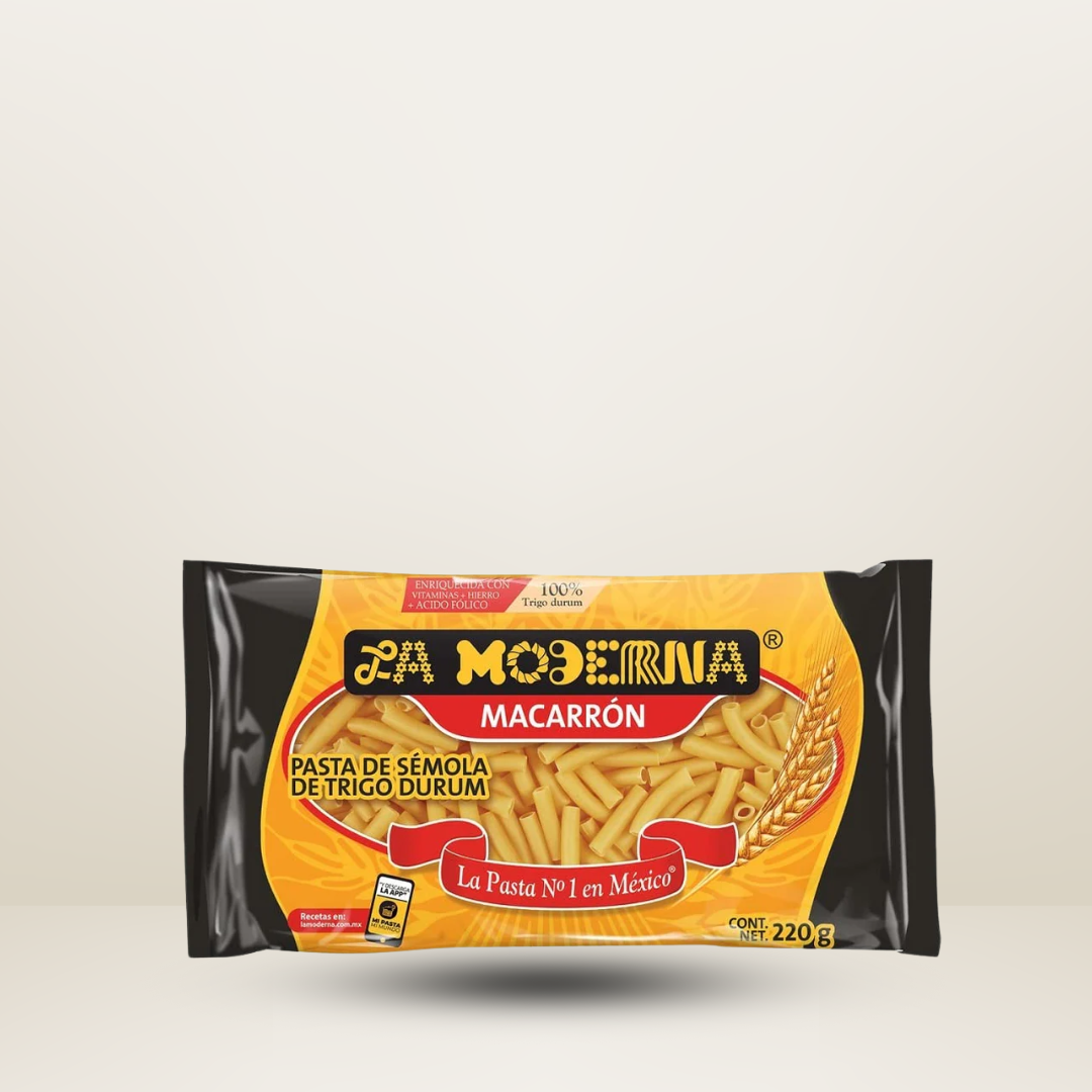Paquete de 198g de La Moderna Macarrón, pasta de calidad ideal para preparar pastas y guisos, disponible para envío en Vancouver y Canadá.