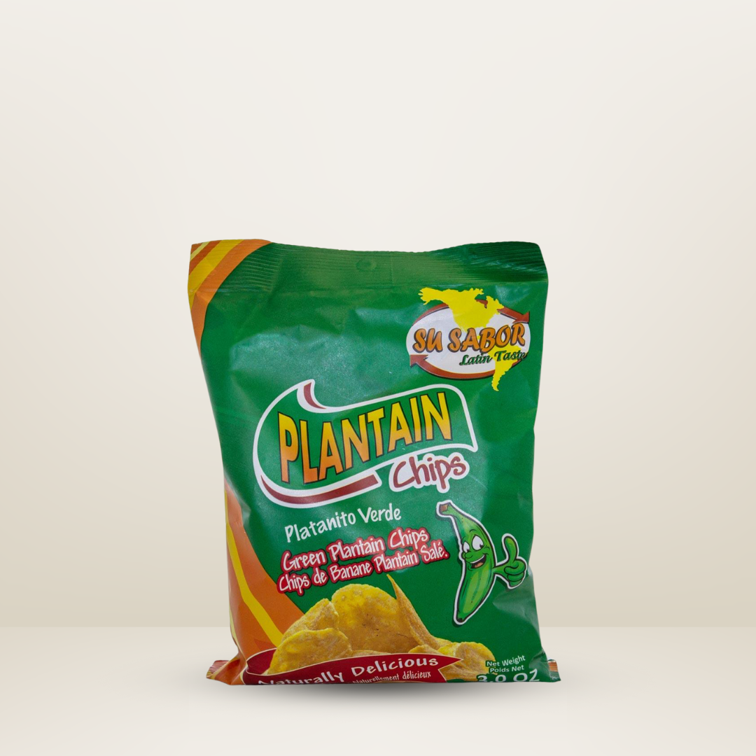 Paquete de 85g de Su Sabor Plantain Chips Verde, chips crujientes de plátano verde, disponibles para envío en Vancouver y Canadá.