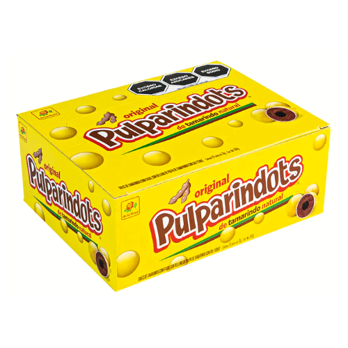 Caja de 12 piezas de De la Rosa Pulparindots original, dulce mexicano de tamarindo con picante, disponible para envío en Vancouver y Canadá.