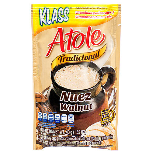 Sobre de 43g de Klass Atole sabor nuez, bebida caliente tradicional mexicana, disponible para envío en Vancouver y Canadá