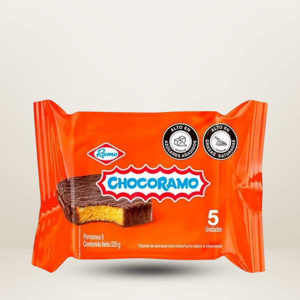 Paquete de 325g con 5 unidades de Ramo Chocoramo, pastelitos cubiertos de chocolate, disponibles para envío en Vancouver y Canadá."