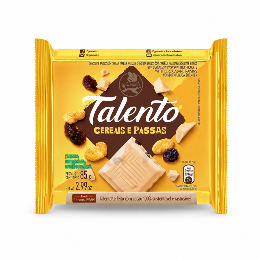 Garoto, Talento, Cereais e Passas, 85g