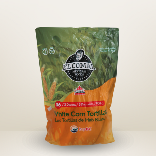 Paquete de 36 tortillas de maíz blanco El Comal, perfectas para tacos y platillos mexicanos, disponible para envío en Vancouver y Canadá.