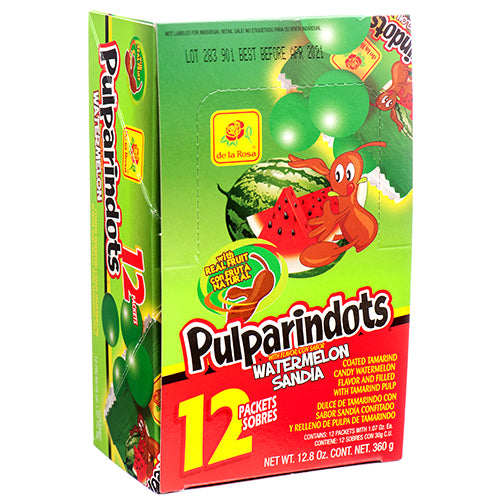 Caja de 12 piezas de De la Rosa Pulparindots sabor sandía, dulce mexicano de tamarindo y sandía, disponible para envío en Vancouver y Canadá.
