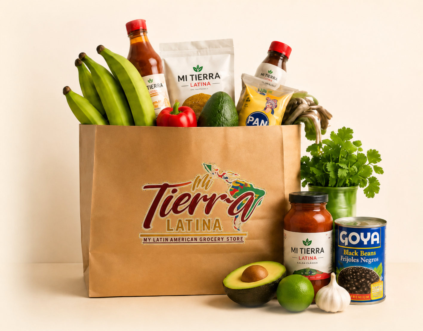 Mi Tierra Latina grocery bag filled with fresh produce and Latin pantry products