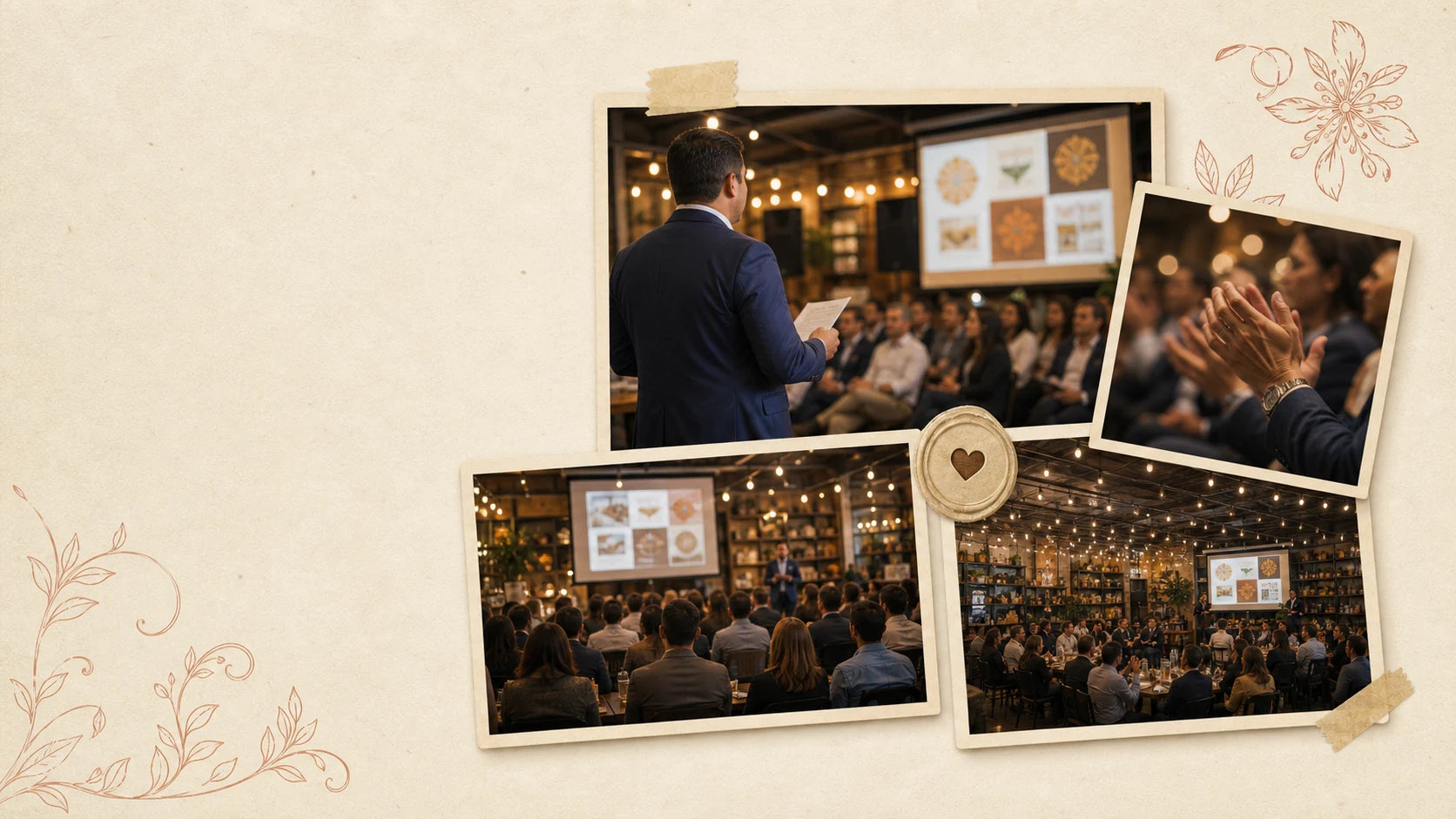 Editorial collage of a pitch night presentation with presenter from behind, audience, and applause